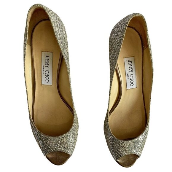 JIMMY CHOO ISABEL GOLD GLITTER PEEP TOE HEEL SHOE - 8,5 - Picture 4 of 9